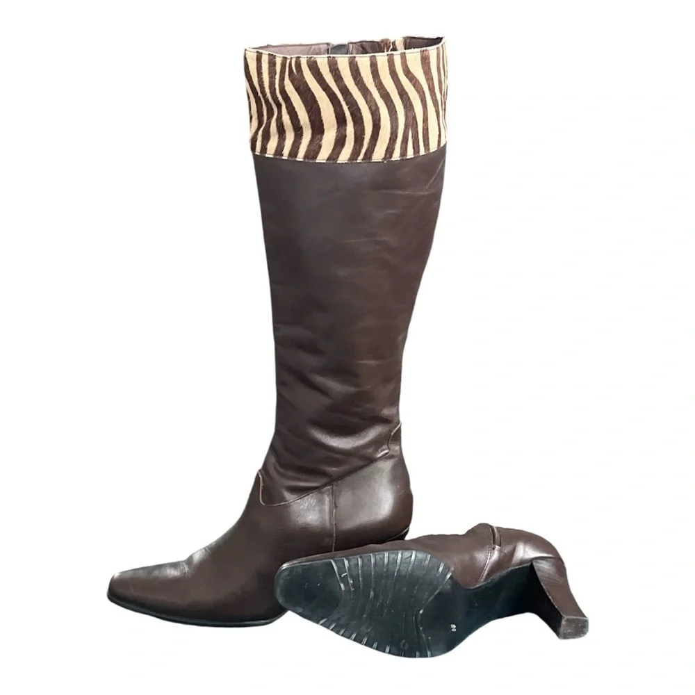 Dark Brown Animal Print Italian Leather Boots Size 10 - Picture 2 of 5